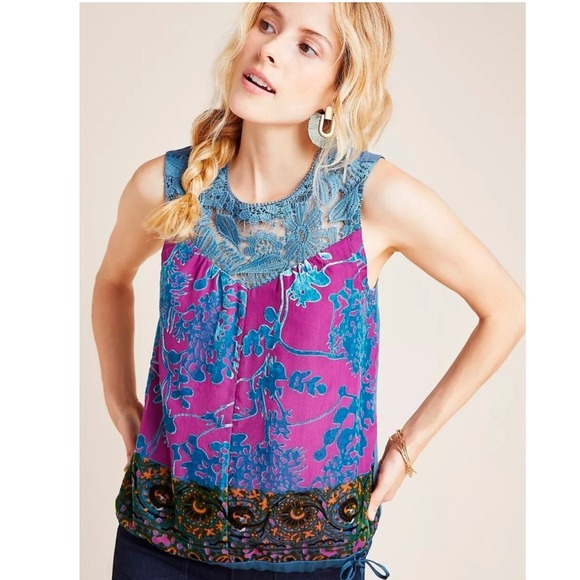 Tiny Tops - Tiny Anthropologie Lace Burnout Velvet Mixed Media Sleeveless Top Purple Blue‎ L